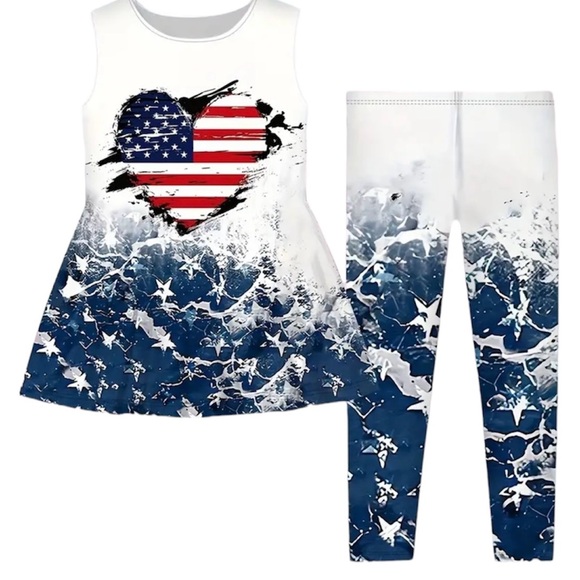 New, Boutique Patriotic 4th of July 2 Pc Girls Outfit, Tunic And Leggings 5-6Y - Picture 1 of 5